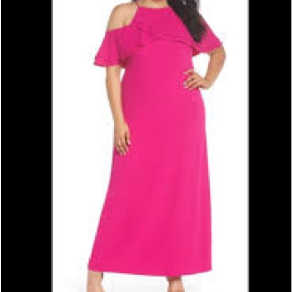 NWT Marina Full length dress, drop shoulder. Hot pink. Size 16W